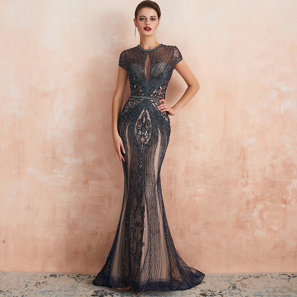 Short Sleeves Handmade Beads Formal Evening Gown XS